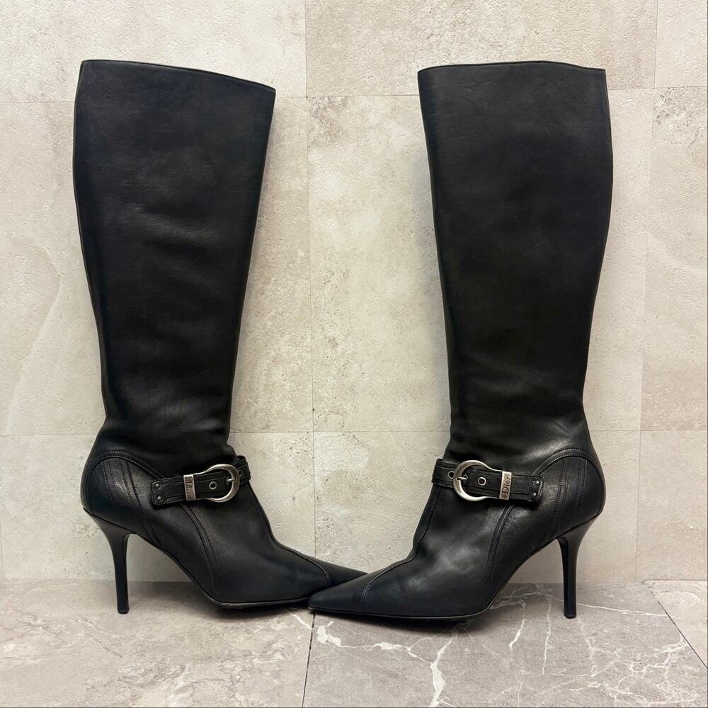 Vintage Y2K Dior Galliano Black Leather Knee High Buckle Stiletto Boots 39